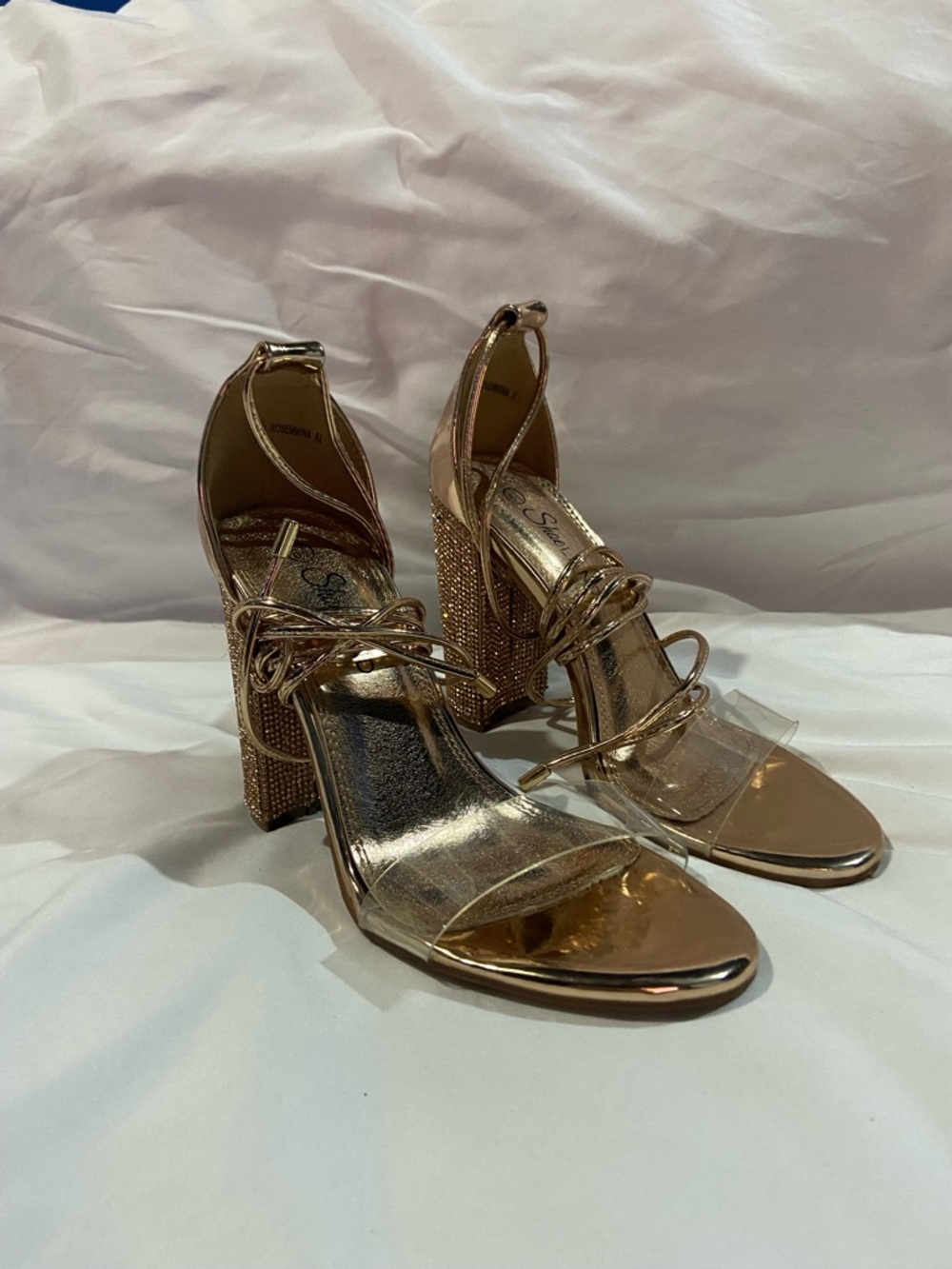 Metallic Rose Gold Block Heel Sandals with Clear Strap